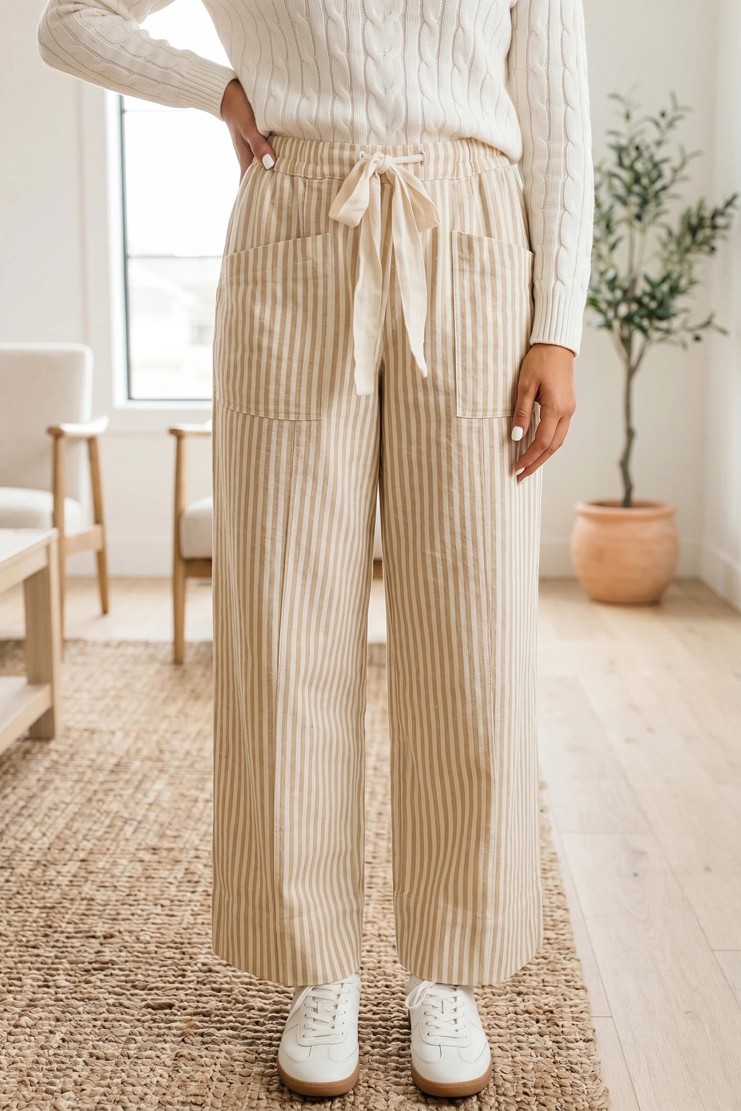 Apricot Stripe Ribbon Drawstring Waist Full-Length Shift Pant