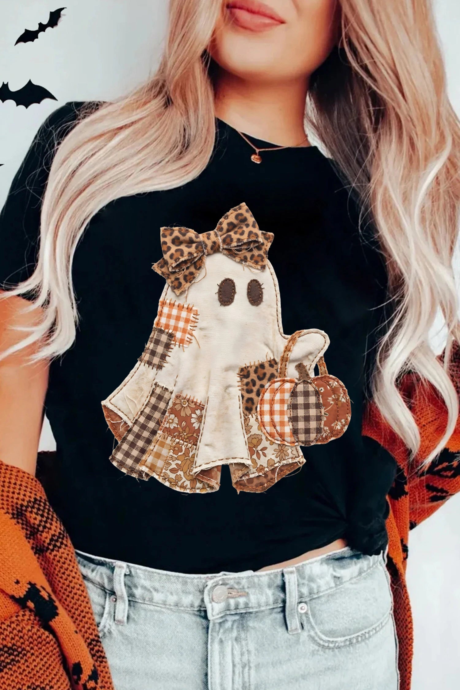 Black Halloween Ghost Appliqué Graphic T-Shirt