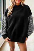 Black Plaid Sleeve Color block Loose Tunic Sweatshirt