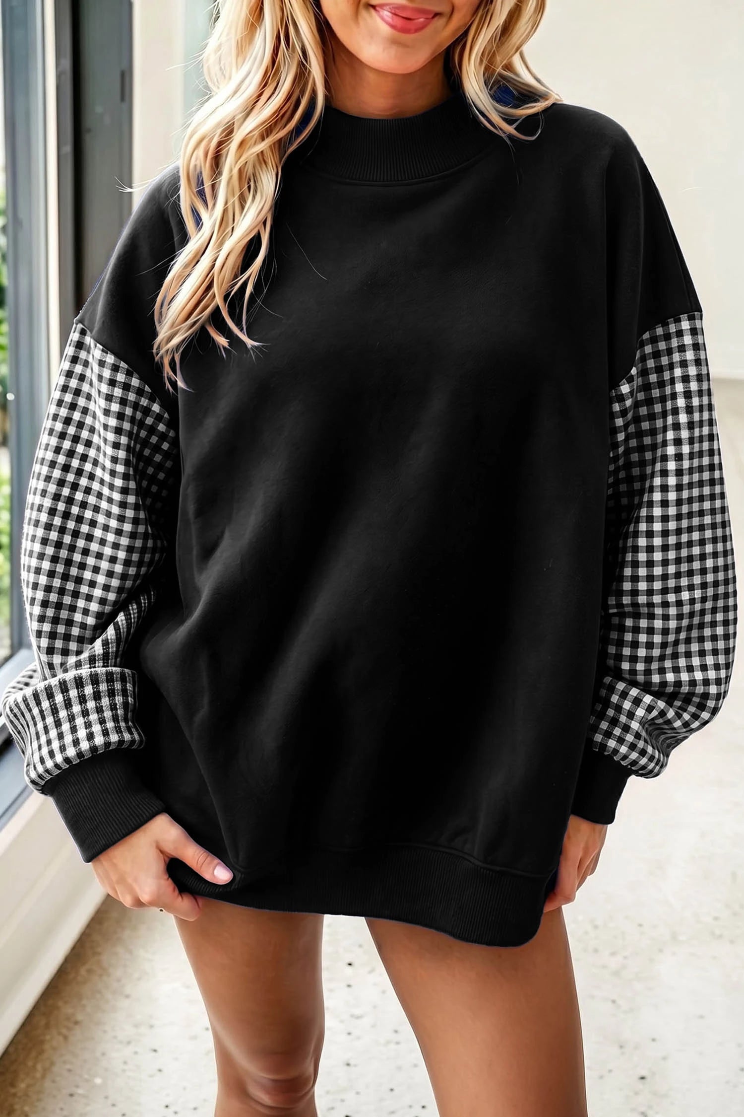 Black Plaid Sleeve Color block Loose Tunic Sweatshirt