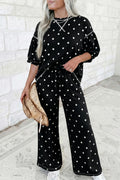 Black Polka Dot Half Sleeve Loose Top Elastic Waist Casual Pants Set
