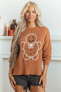 Brown Oversized Drop Shoulder Round Neck Christmas Sweater