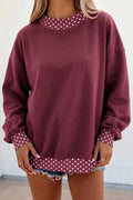 Burgundy Colorblock Polka Dot Contrast Trim Oversized Sweatshirt