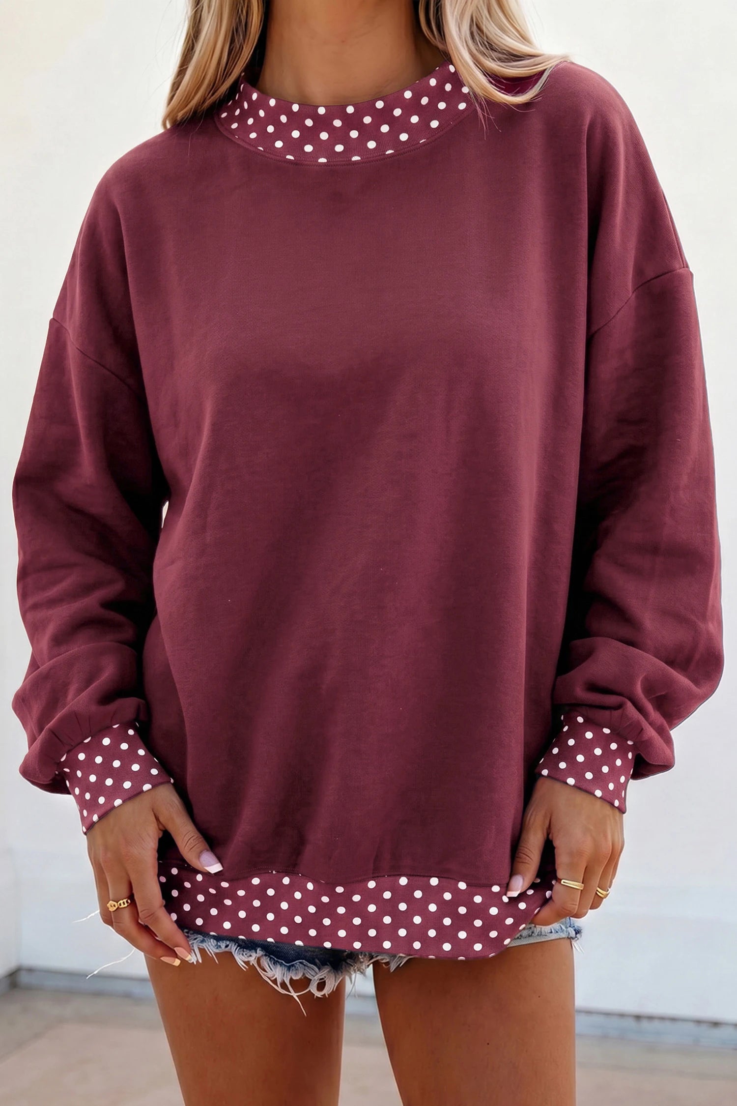 Burgundy Colorblock Polka Dot Contrast Trim Oversized Sweatshirt
