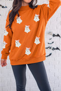 Carrot Sequin Ghost Graphic Exposed Seam Mock Neck Pullover Sweatshirt