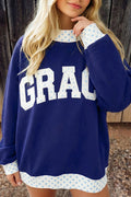 Dirty blue Plaid Trim High Neck GRACE Letter Graphic Baggy Sweatshirt
