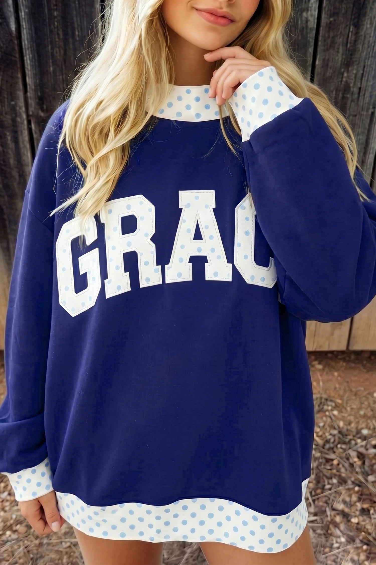Dirty blue Plaid Trim High Neck GRACE Letter Graphic Baggy Sweatshirt