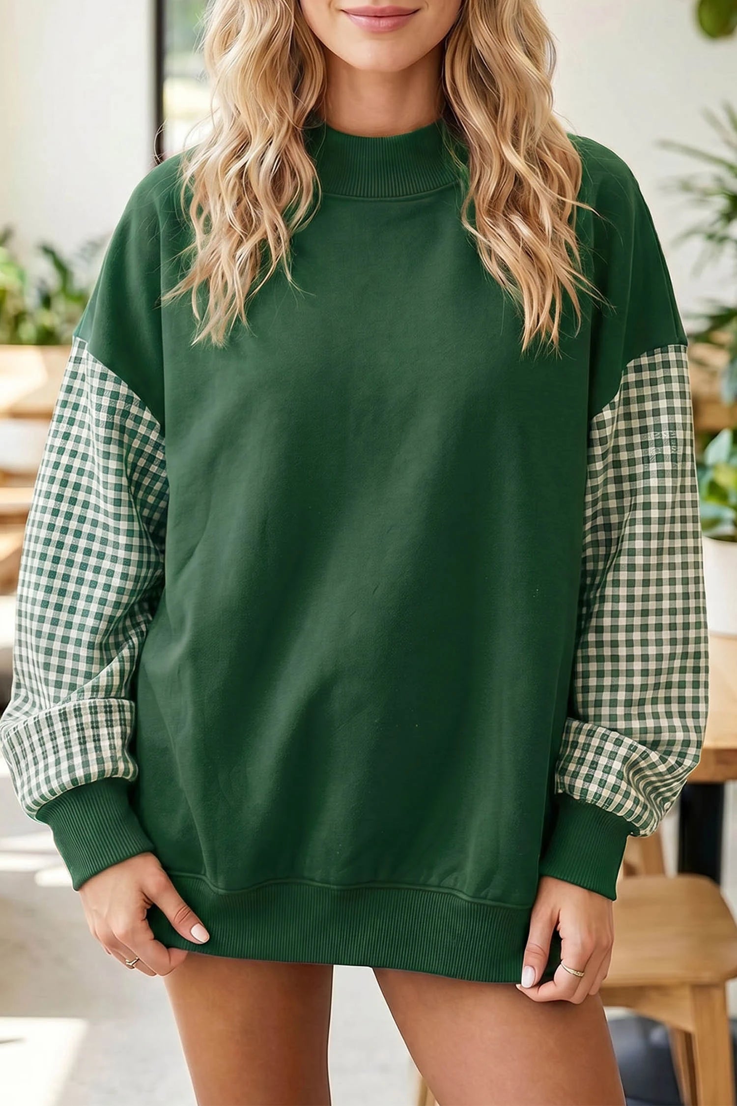 Evergreen Plaid Sleeve Color block Loose Tunic Sweatshirt