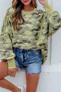 Green Camouflage Waffle Knit Raw Edge Contrast Trim Oversized Long Sleeve Top