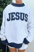 Light Grey Polka Dot Contrast Trim JESUS Letter Graphic Sweatshirt