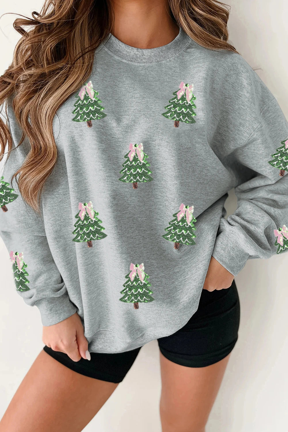 Light Grey Sequin Christmas Tree Graphic Drop Shoulder Pullover Sweatshirt