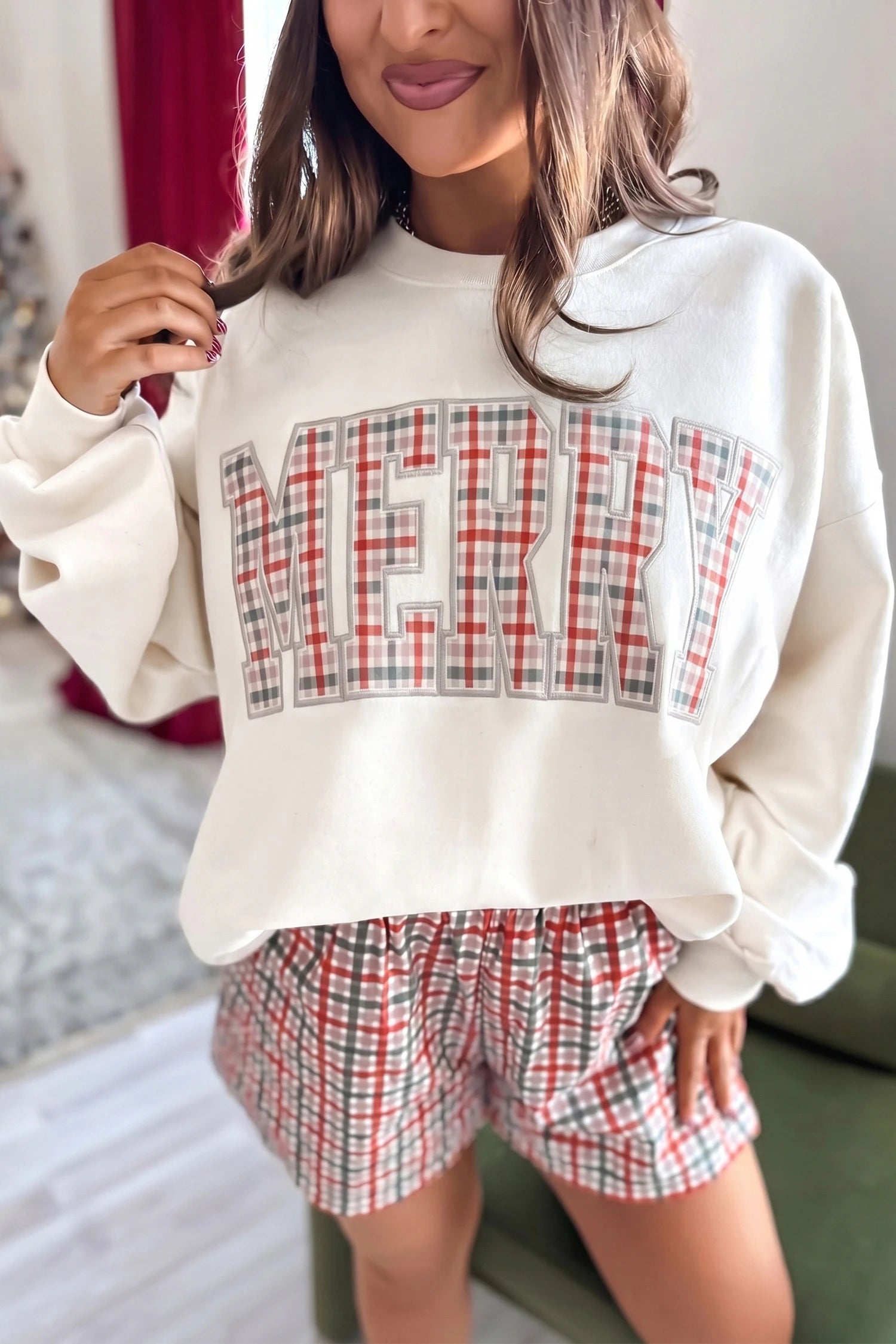 Multicolor Plaid MERRY Holiday Long Sleeve Top and Shorts Set