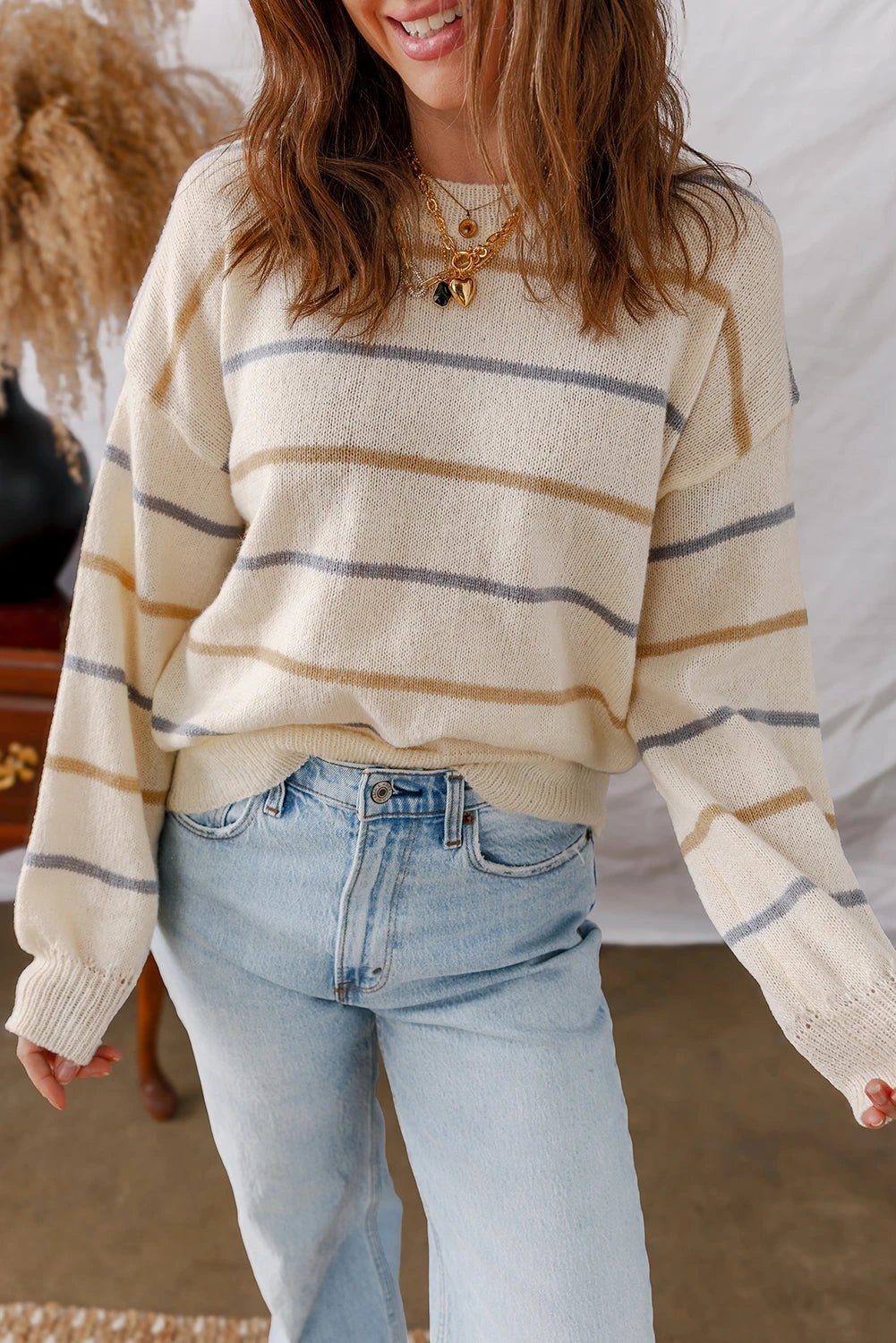 Multicolor Ribbed Edge Drop Shoulder Sweater