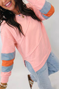 Pink Color block Striped Patchwork Raw Detail Long Sleeve Top