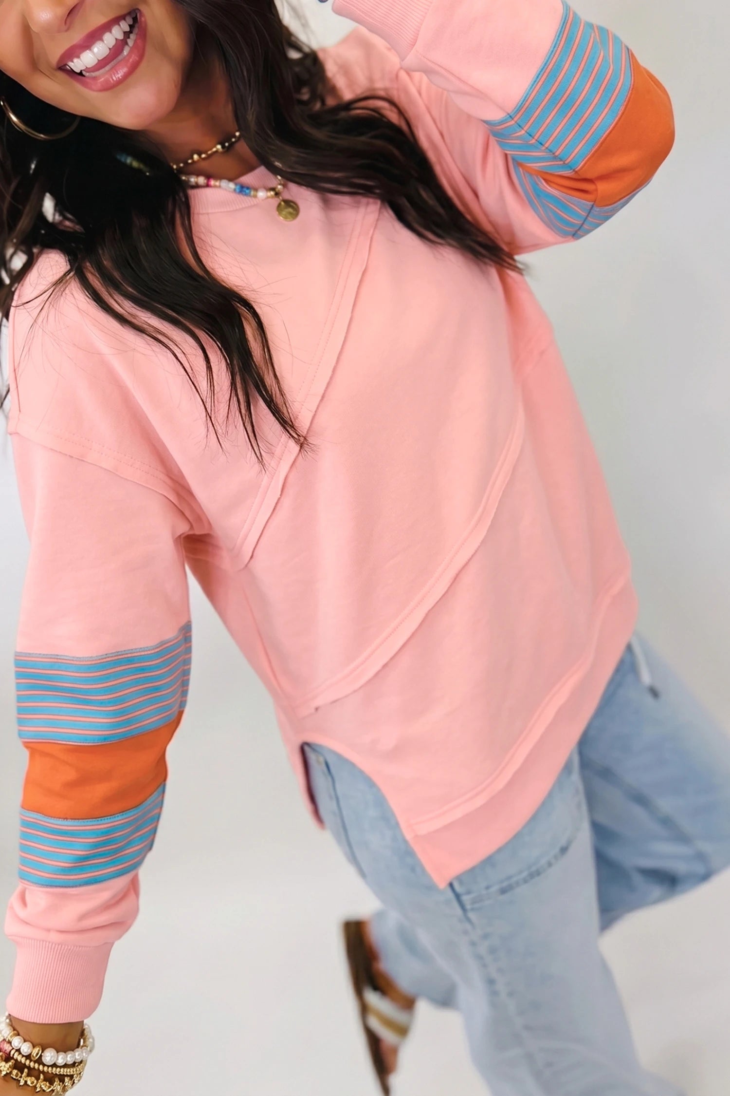 Pink Color block Striped Patchwork Raw Detail Long Sleeve Top