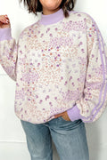 Purple Floral Print High Neck Colorblock Sleeve Paneling Sweatshirt
