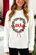 White Christmas Wreath Pattern Round Neck Casual Sweater